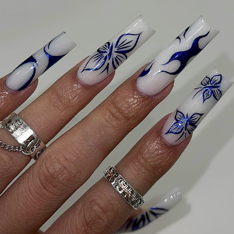 Nail Art French Nails - 24PCS Blue Style Press on Nail