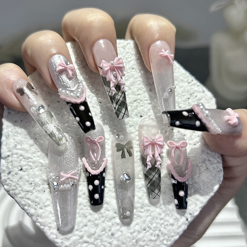 Nail Art Overlay - 10PCS Y2K Black Pink French Handmade