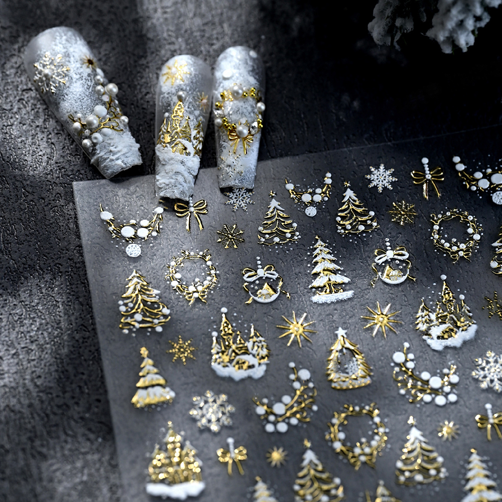 Nail Art Xmas Stickers - 1pc 5D Gold Snow Christmas Tree