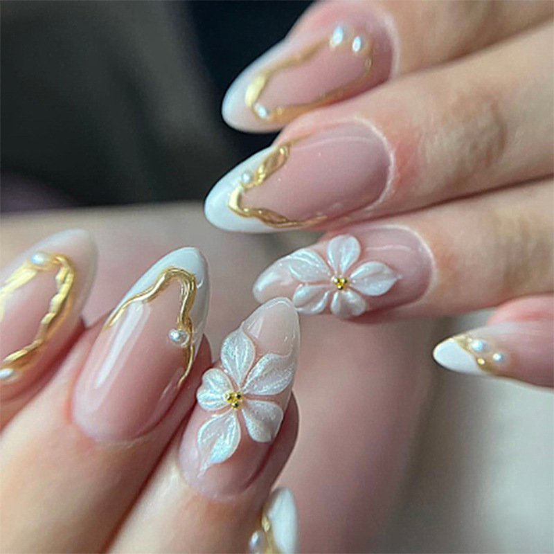 24pcs Flower Long Almond Press - Nail Art French Nails 리뷰 및 가격