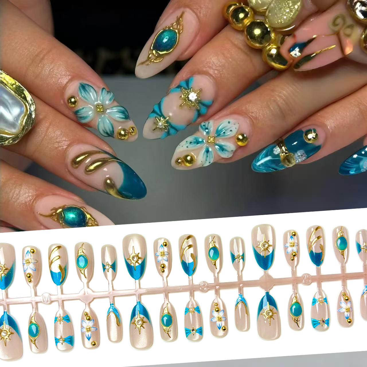 Premium Tiffany Blue Gold Fren - Nail Art French Nails 리뷰 및 가격