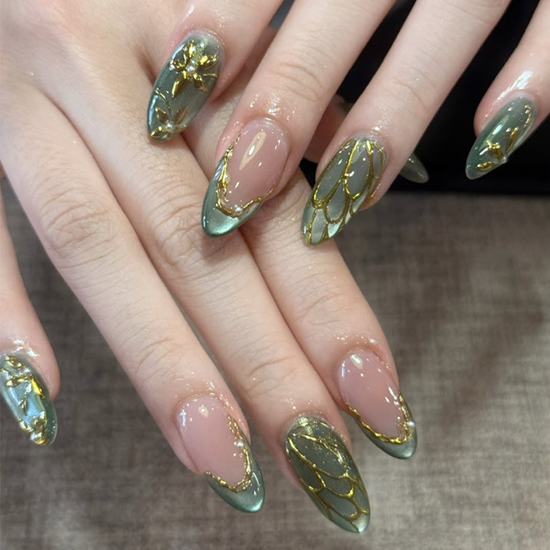 24pcs Green Cat Eye Fake Nails - Nail Art French Nails 리뷰 및 가격