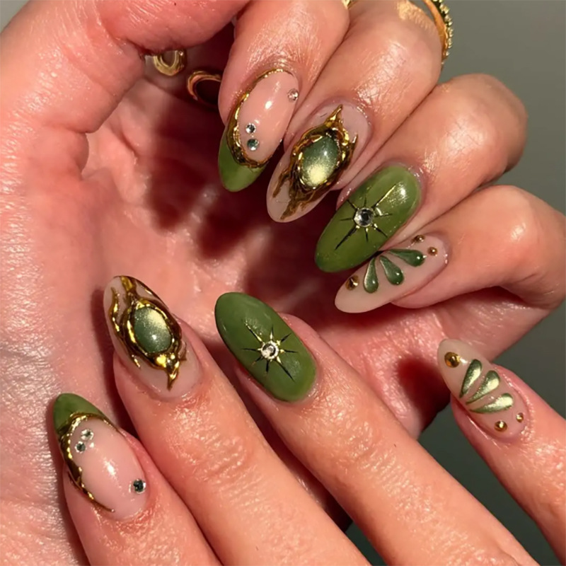 24pcs Green Cat Eye Fake Nails - Nail Art French Nails 리뷰 및 가격